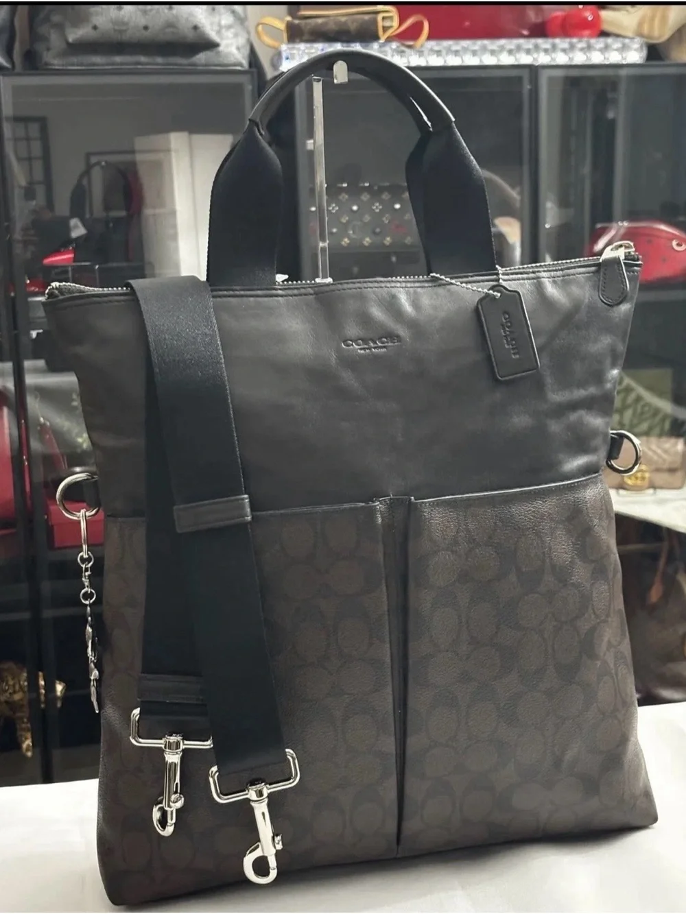 Coach Unisex Charles Chocolate Brown Signature C Fold Over Classic Work Bag.